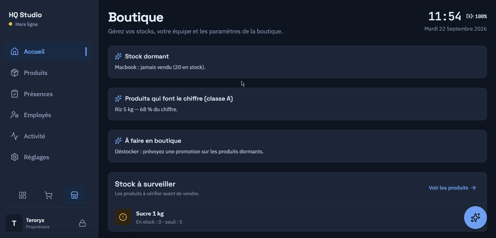 Écran Boutique de MerchantHQ : stock, équipe et activité, en thème sombre