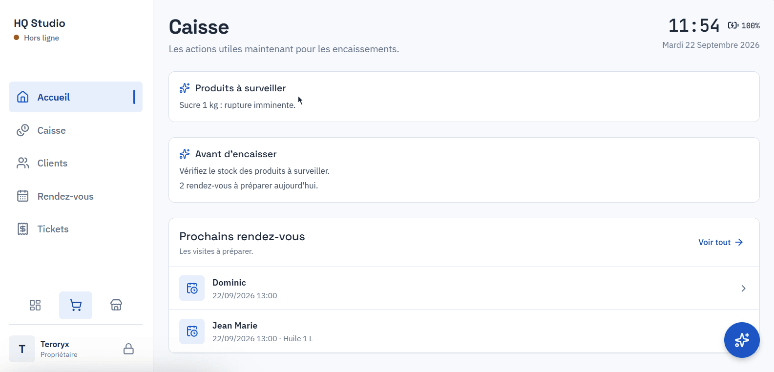 Écran de caisse de MerchantHQ : panier, total et produits, en thème clair